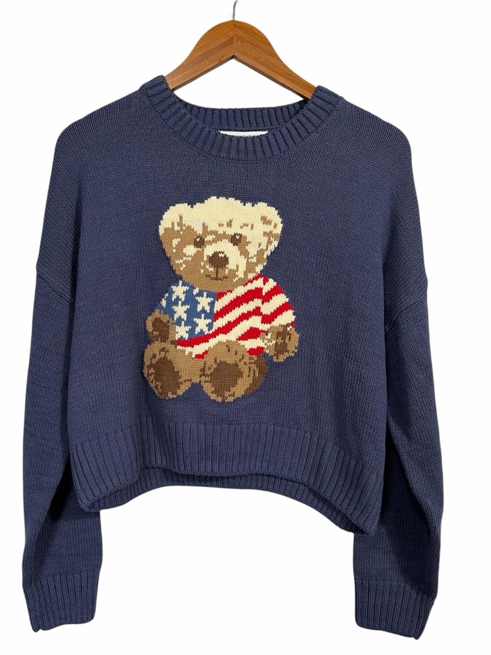 NWT Grayson Threads Patriotic Bear Cropped Crewneck Sweater in Blue Size XL - Picture 4 of 9